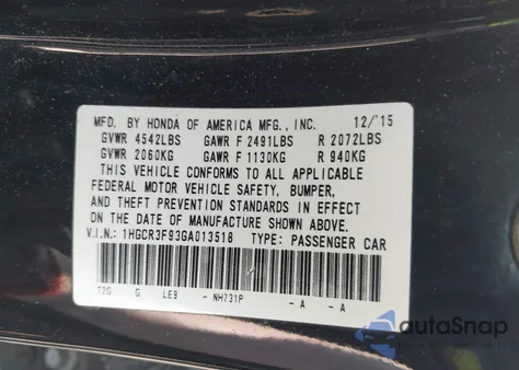 2016 Honda Accord Touring z USA, uszkodzony, nr VIN 1HGCR3F93GA013518